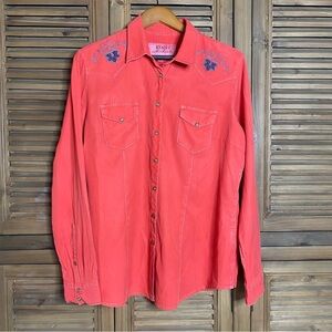 Ryan Michael SILK & Cotton, tomato red, blue embroidery western pearl snap SZ-XL